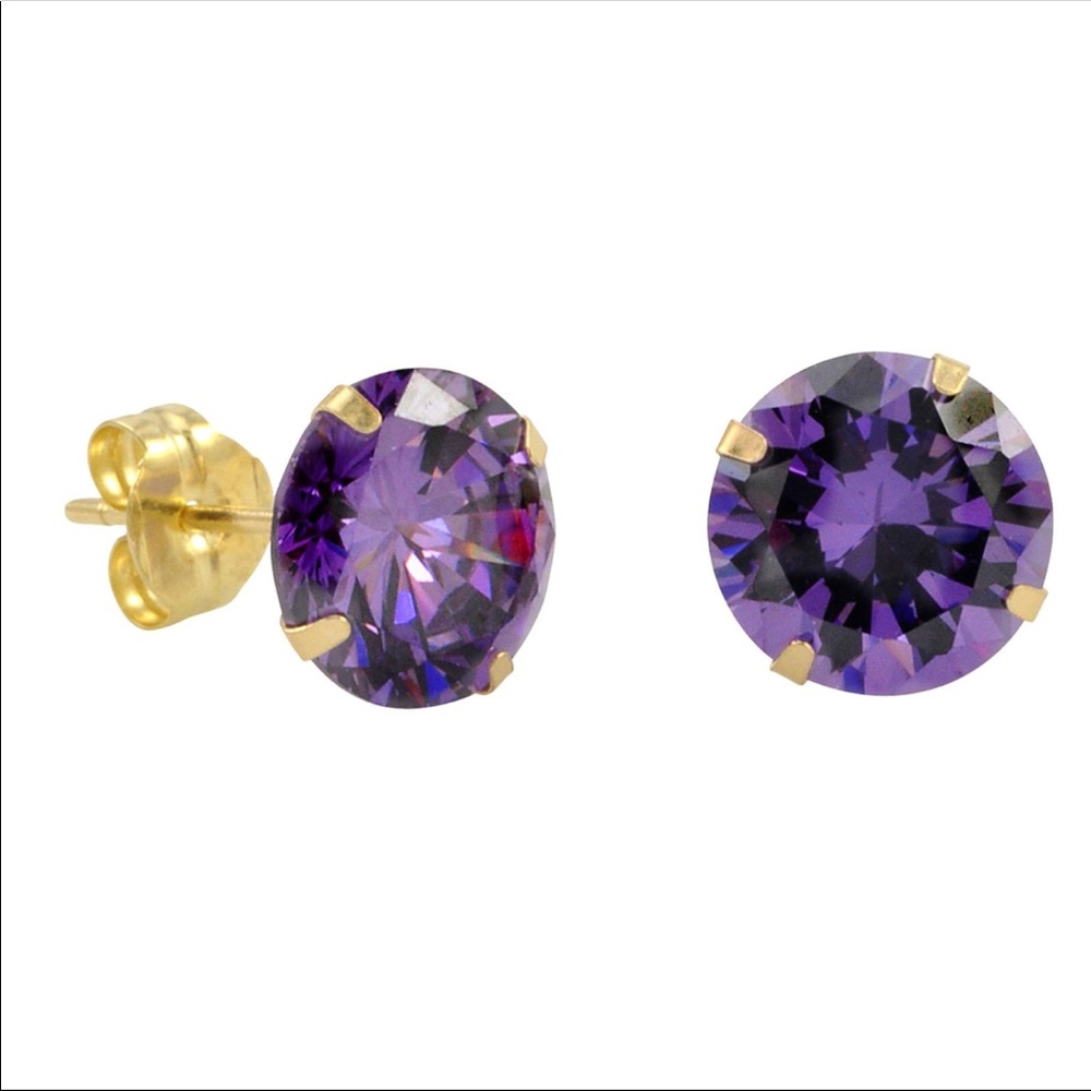 14k Solid Yellow/White  Gold Purple CZ Earrings